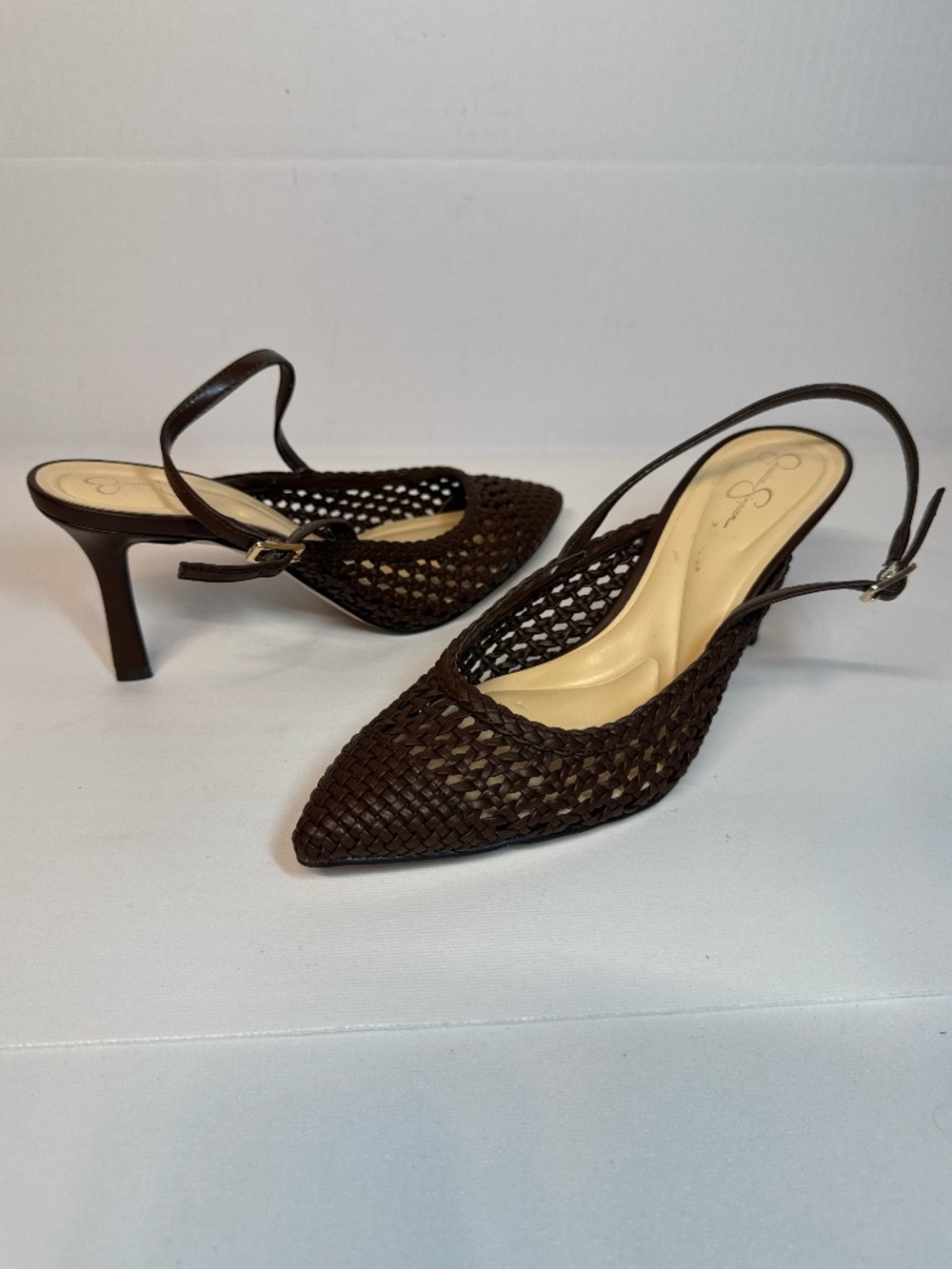 Jessica Simpson Brown Woven Pointed Toe Slingback Heels Size 6.5